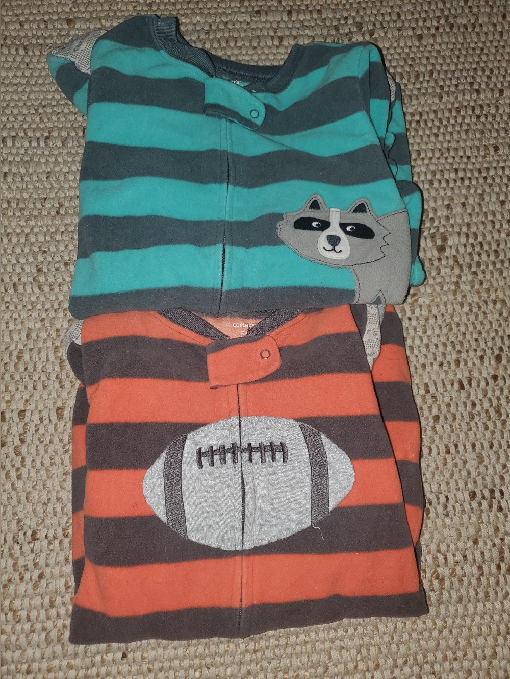 5T Striped Raccoon & Football Kids One-Piece Sleepers - Teal/Gray & Orange/Gray